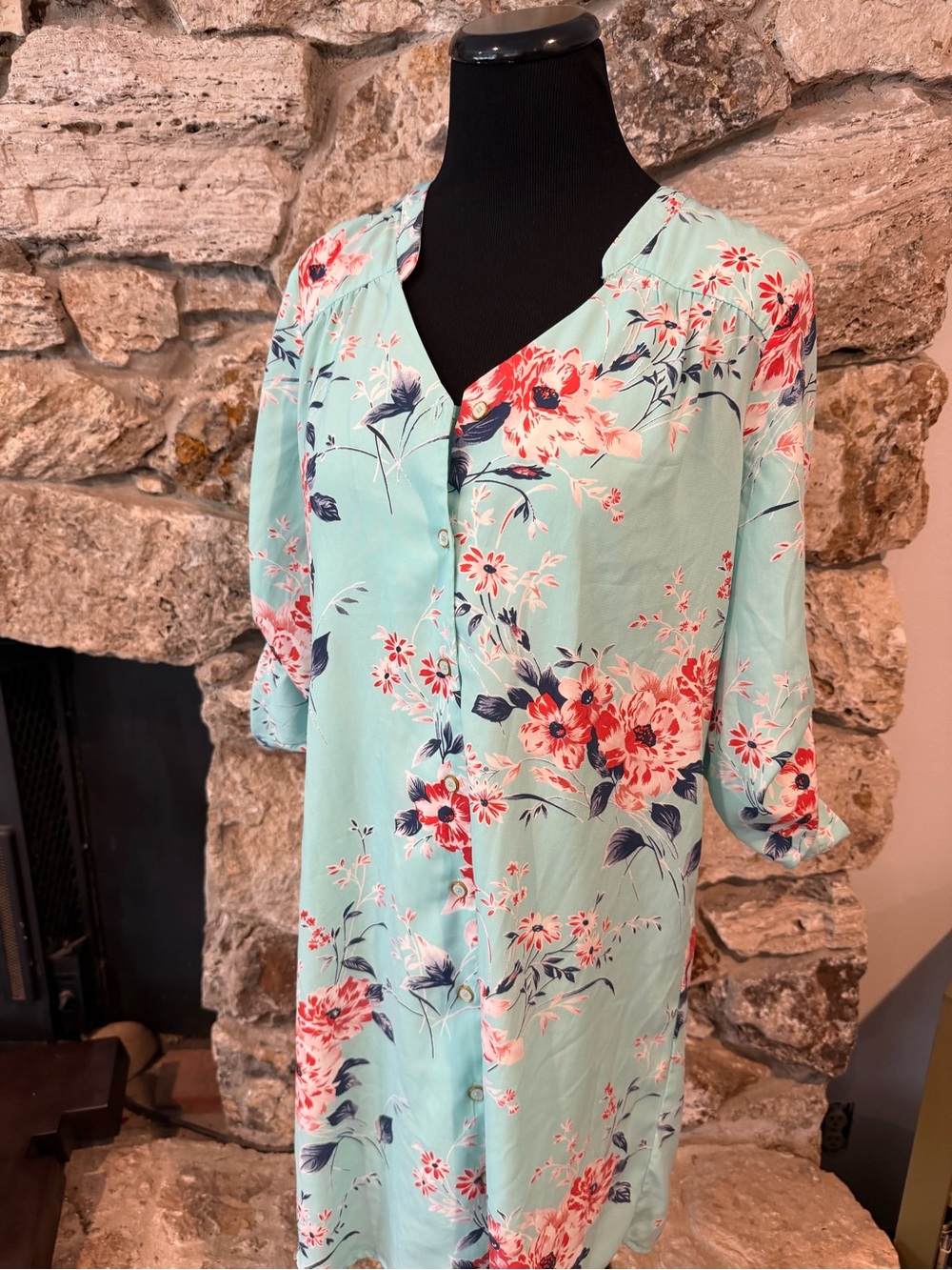 Brixon Ivy Mint Floral Button-Front Tunic Slip Dress